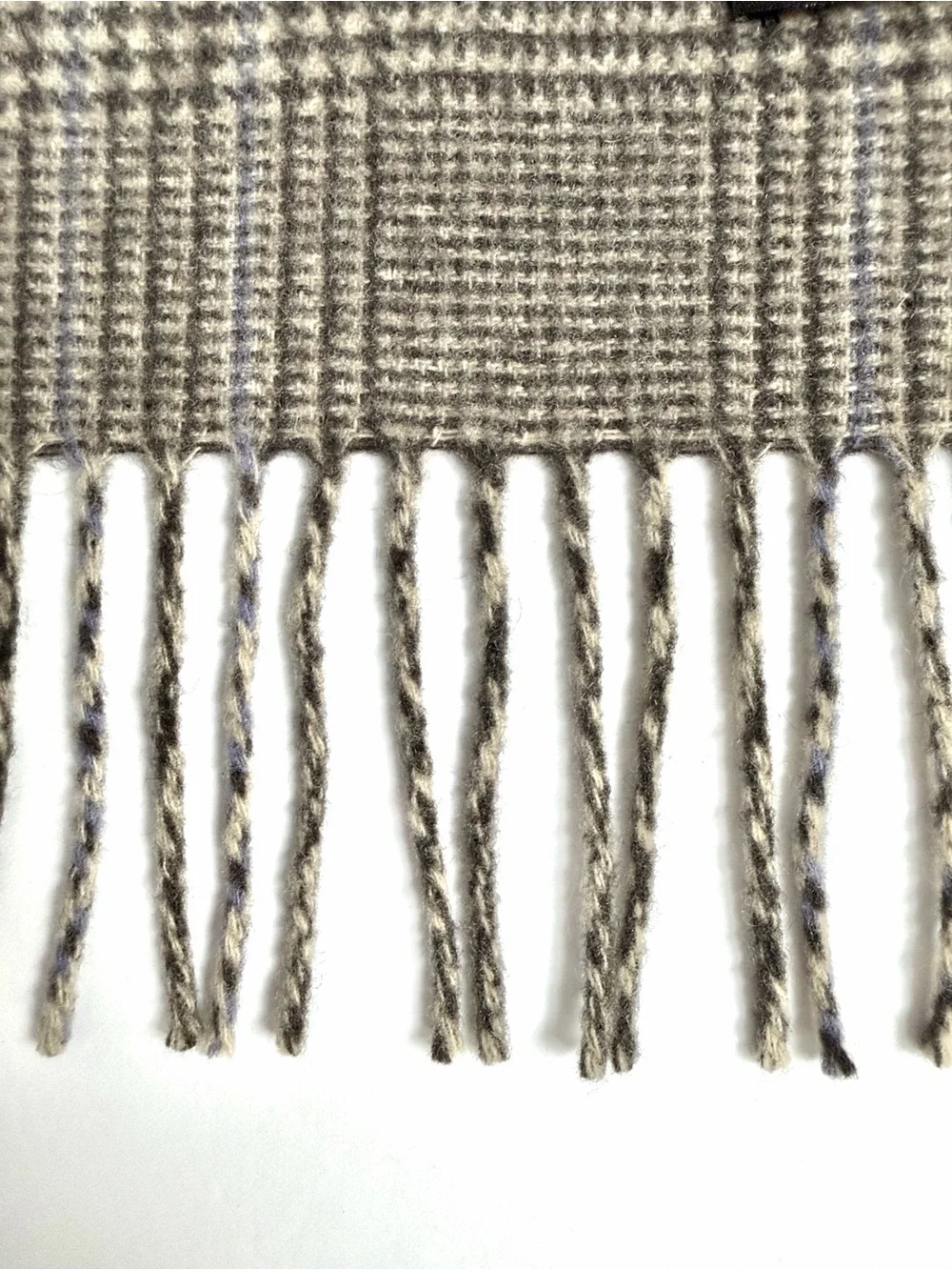 Amicale Cashmere Scarf Glen Plaid Taupe Beige Blue Fringe 12x64  Men's Women's